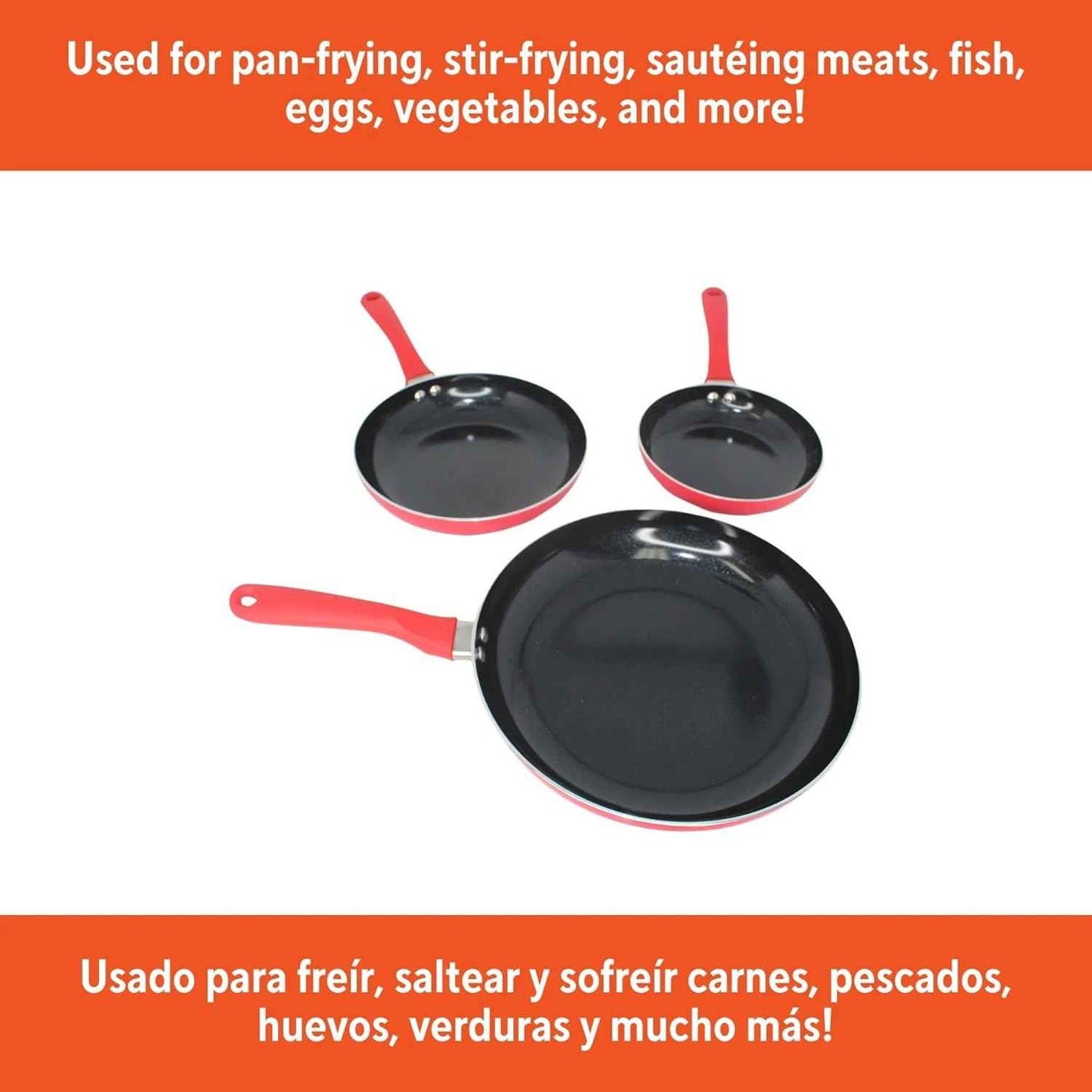 LYMSTE 3-Piece Red Ceramic Non-Stick Frying Pan Set, 7/9/11 Inch Aluminum Pots and Pans Set with Cool Touch Handles, Healthy Low-Oil Cooking Cookware