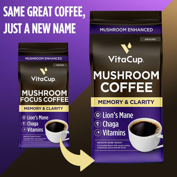 VitaCup Mushroom Coffee Grounds with Lions Mane and Chaga, Medium Dark Roast Arabica Specialty Coffee, 10 Oz