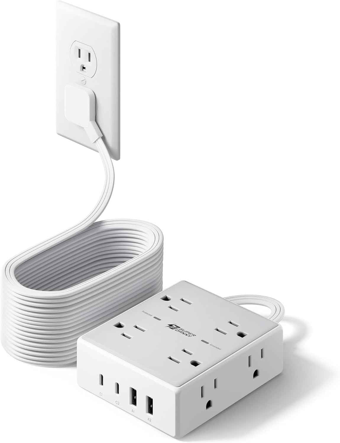 10Ft Extension Cord with Multiple Outlets, Flat Plug Surge Protector Power Strip 10 Ft Long Cord, 8 Outlets & 4 USB Ports (2 USB C), Desk Charging Station for Home Office, College Dorm Room Essentials