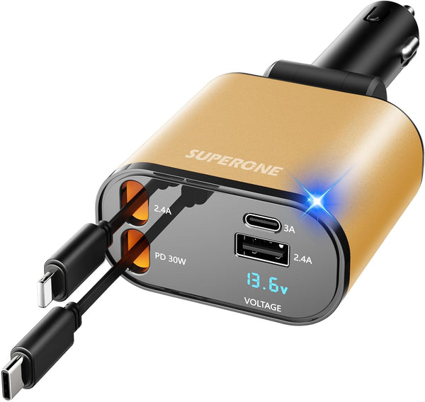【Upgraded】 SUPERONE Retractable Car Charger 4 in 1, Fast Car Phone Charger with Cord 2.6ft, USB C and Apple Car Adapter, Compatible with iPhone 17 16 15/15 Pro Max/14/13/12/11, Galaxy, Pixel - Rayz Mart