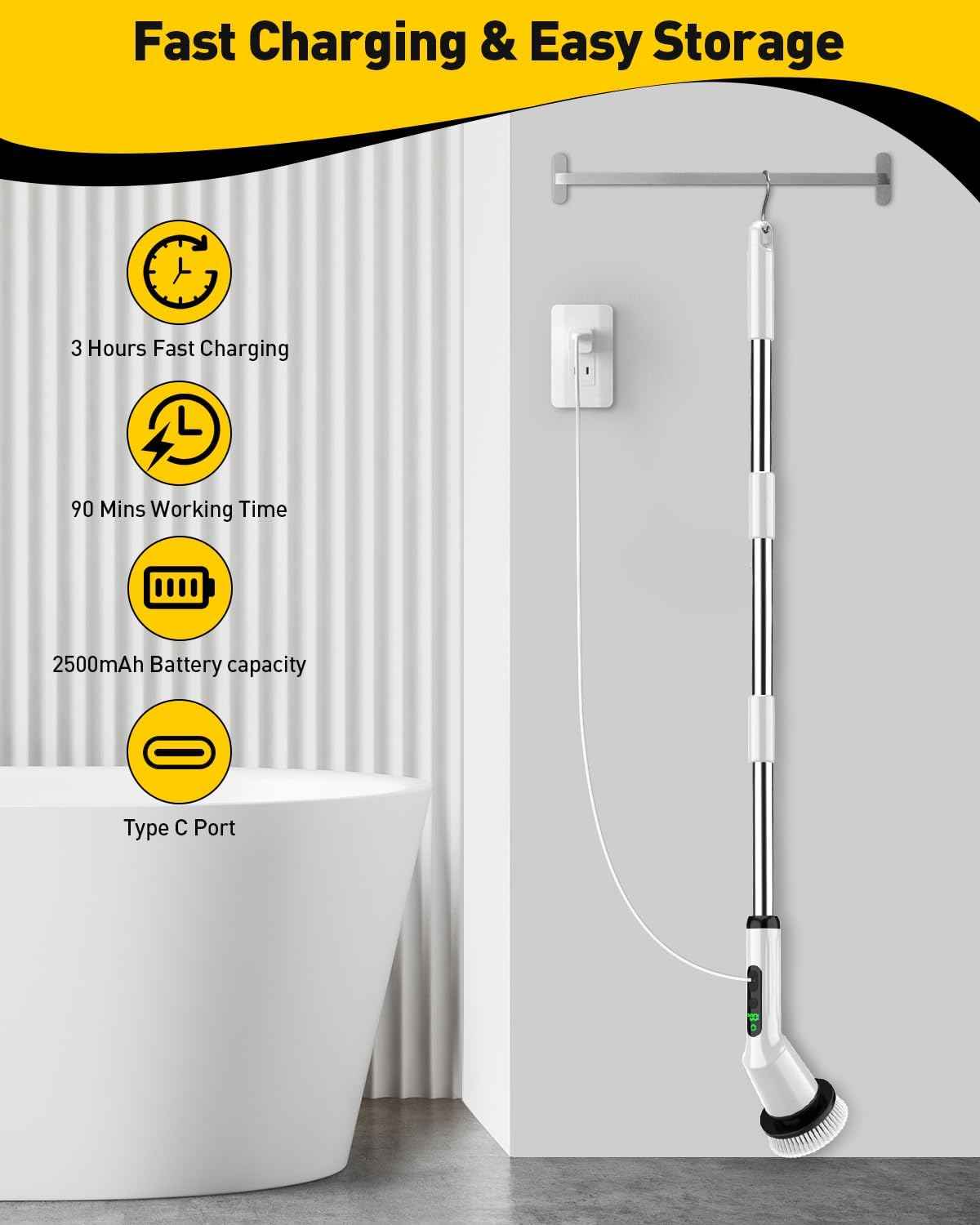 Electric Spin Scrubber for Cleaning Bathroom, Shower Scrubber Cordless Cleaning Brush with IPX7 Waterproof & 2 Speed, 3 Brush Heads, Bathroom Cleaning Supplies for Shower Tub Kitchen Tile Toilet White