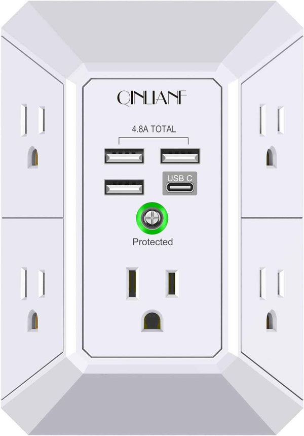 Qinlianf Wall Charger 5 Outlet Extender with 4 USB Charging Ports 3-Sided Power Strip Multi Plug Adapter 3U1C