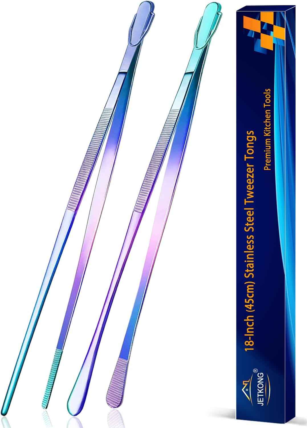 JETKONG 2 Pcs 12-Inch Kitchen Tweezers Fine Tweezer Tongs, Extra-Long Stainless Steel Cooking Tweezers (Silver)