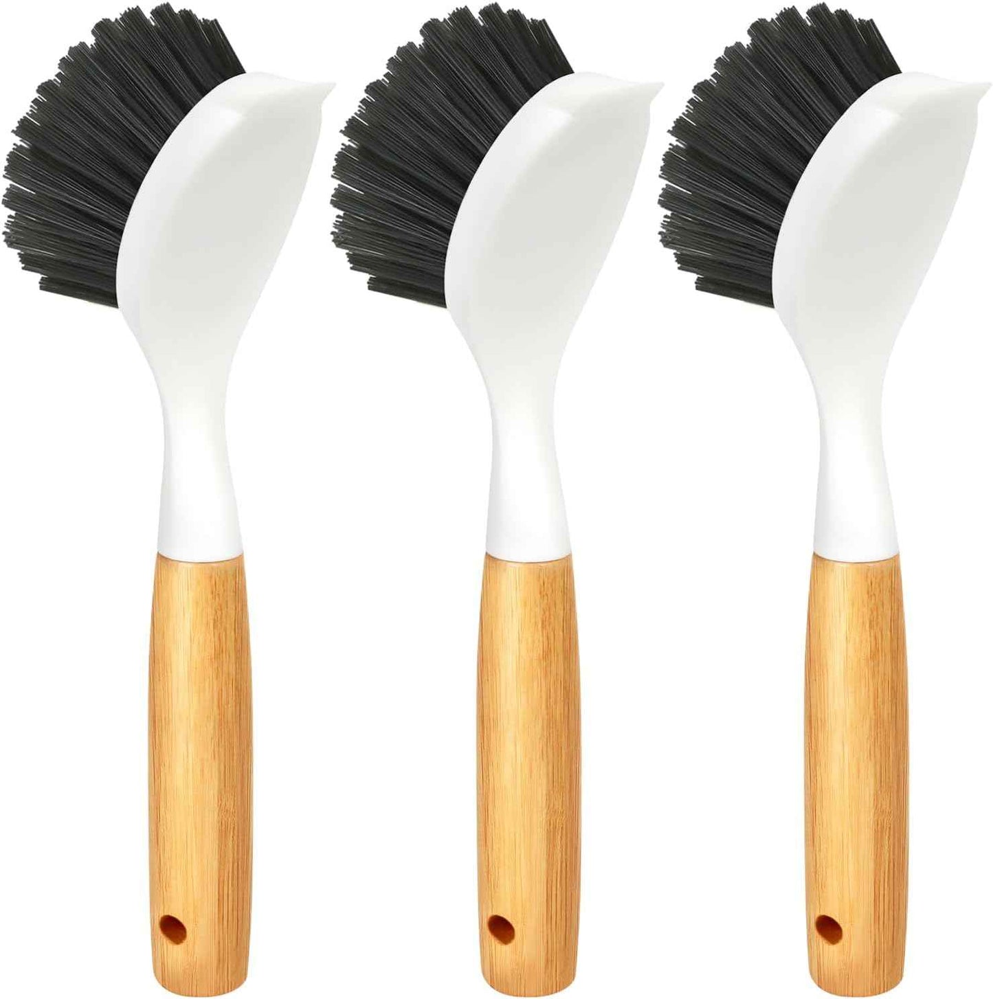 Holikme 3 Pack Dish Brush Set with Bamboo Handle, Kitchen Brushes for Cleaning Pot, Sink and Stove, Skillet Scrubber with Tough Bristles for Cast Iron Grill Pan, Yellow White Black