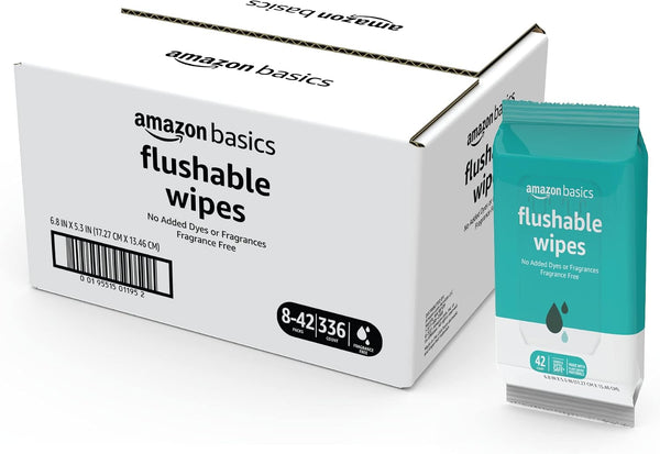 Amazon Basics Flushable Adult Toilet Wipes, Fragrance Free, 42 Count (Pack of 8) (Total 336 wipes) (Previously Solimo)