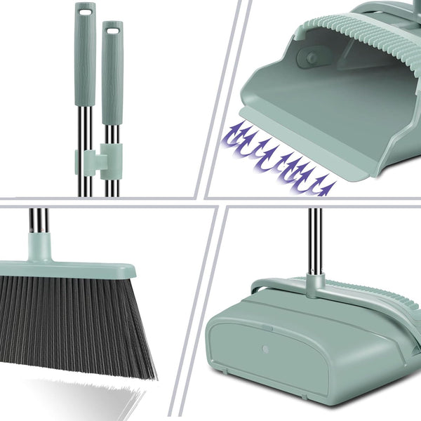 Upgrade Broom and Dustpan Set, Large Size and with Long Handle, Upright,Ideal for Indoor Outdoor Garage Kitchen Room Office Lobby Use (Green)