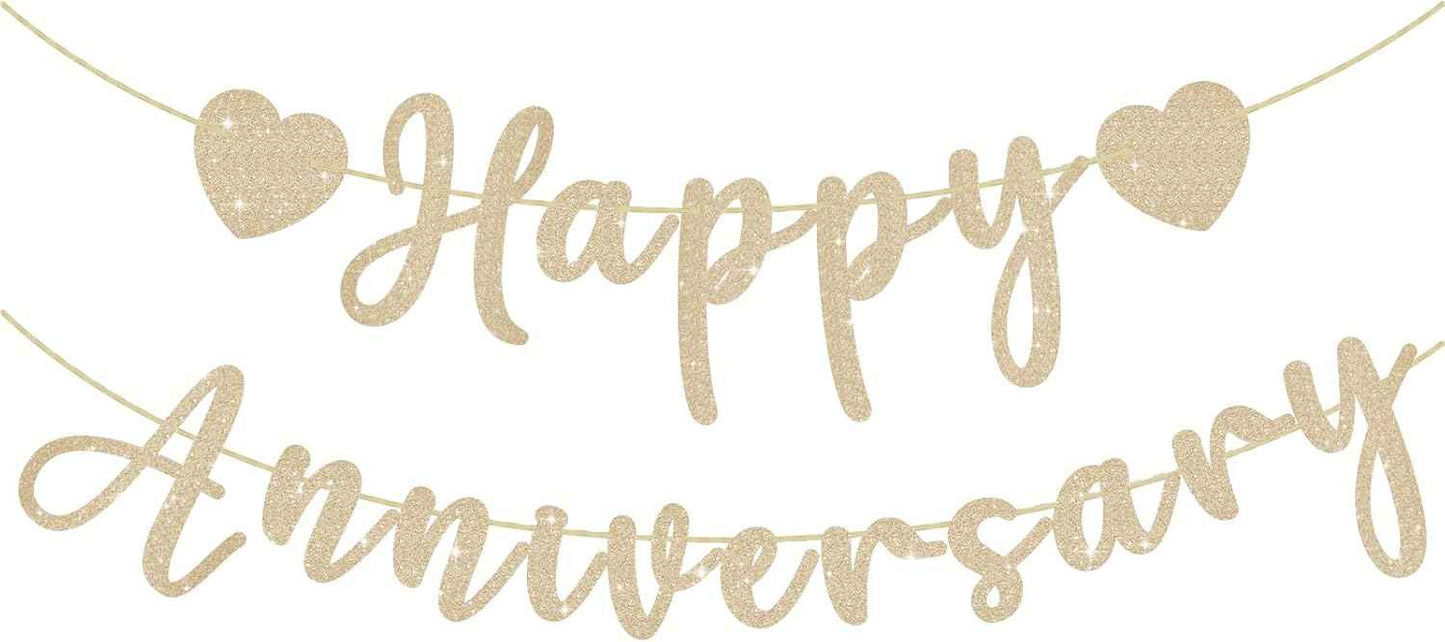 Happy Anniversary Banner, Pre-Strung Gold Glitter Wedding Anniversary Decorations Romantic, Couples Shower Decorations Banner For Happy Wedding Reception Day Bridal Shower Party