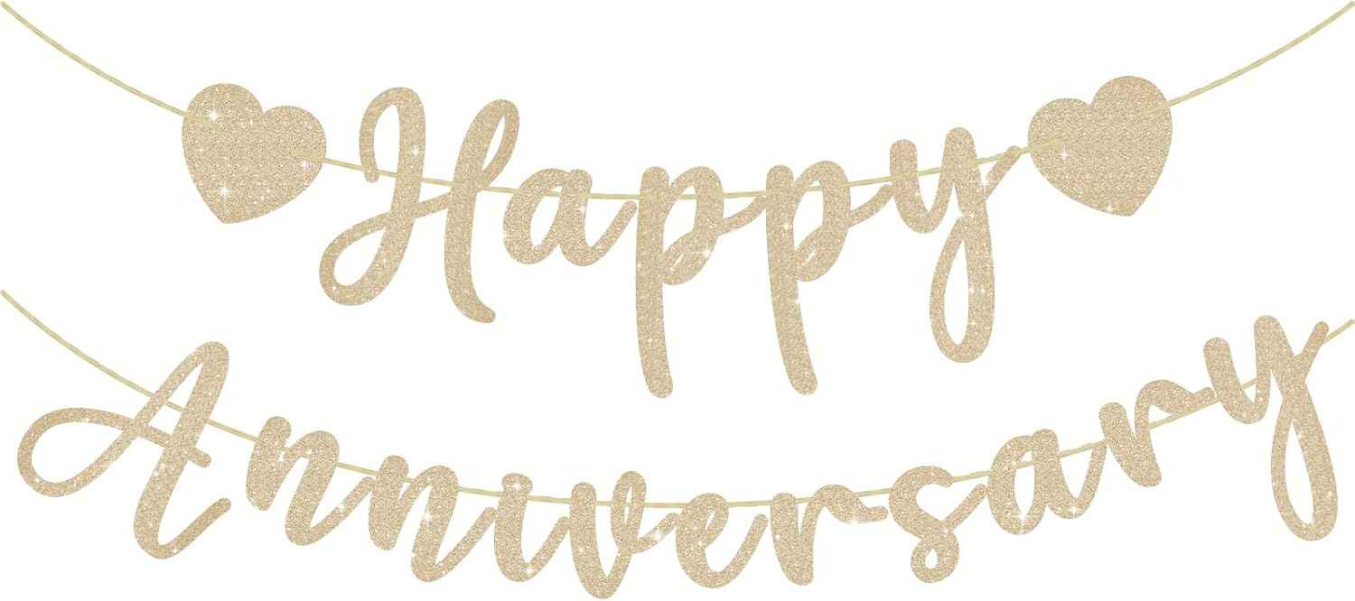Happy Anniversary Banner, Pre-Strung Gold Glitter Wedding Anniversary Decorations Romantic, Couples Shower Decorations Banner For Happy Wedding Reception Day Bridal Shower Party