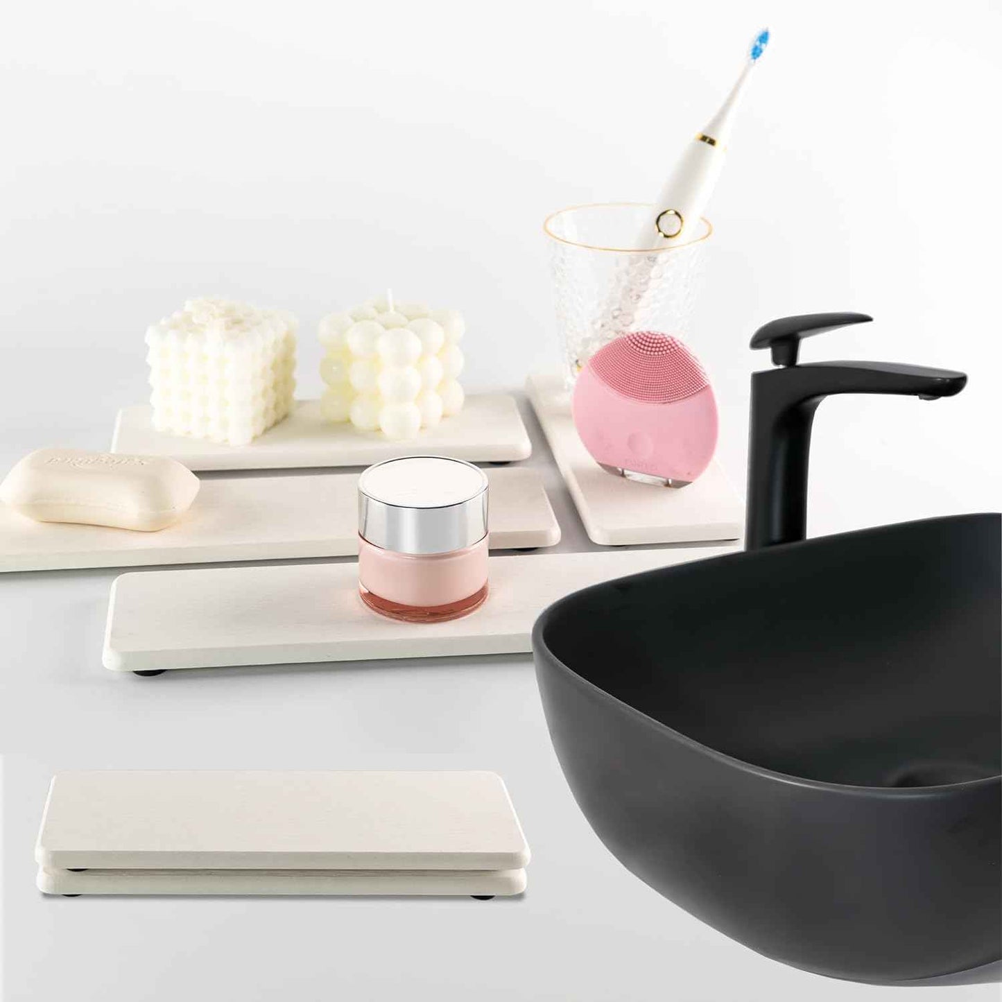 2 Pcs Water Absorbing Stone Trays, Kitchen/Bathroom Sink Soap Dish, Diatomite Tray Used for Hand Soap & Cosmetic Bottles in The Modern Home, 3.15" W x 8.7" L, White