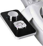 Samodra non-electric cold water bidet toilet seat attachment with pressure controls, retractable nozzles, black finish.