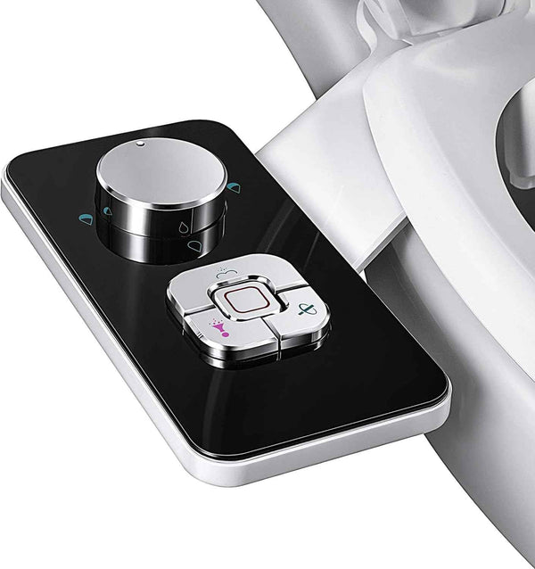 Samodra non-electric cold water bidet toilet seat attachment with pressure controls, retractable nozzles, black finish.