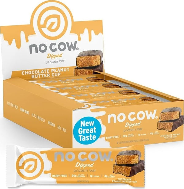 No Cow Vegan Protein Bars, Upgraded Chocolate Chip Cookie Dough, 20g Plant Based Protein, Gluten Free, Dairy Free, Soy Free, Keto Friendly, Low Sugar, High Fiber Snack Bars, Pack of 12