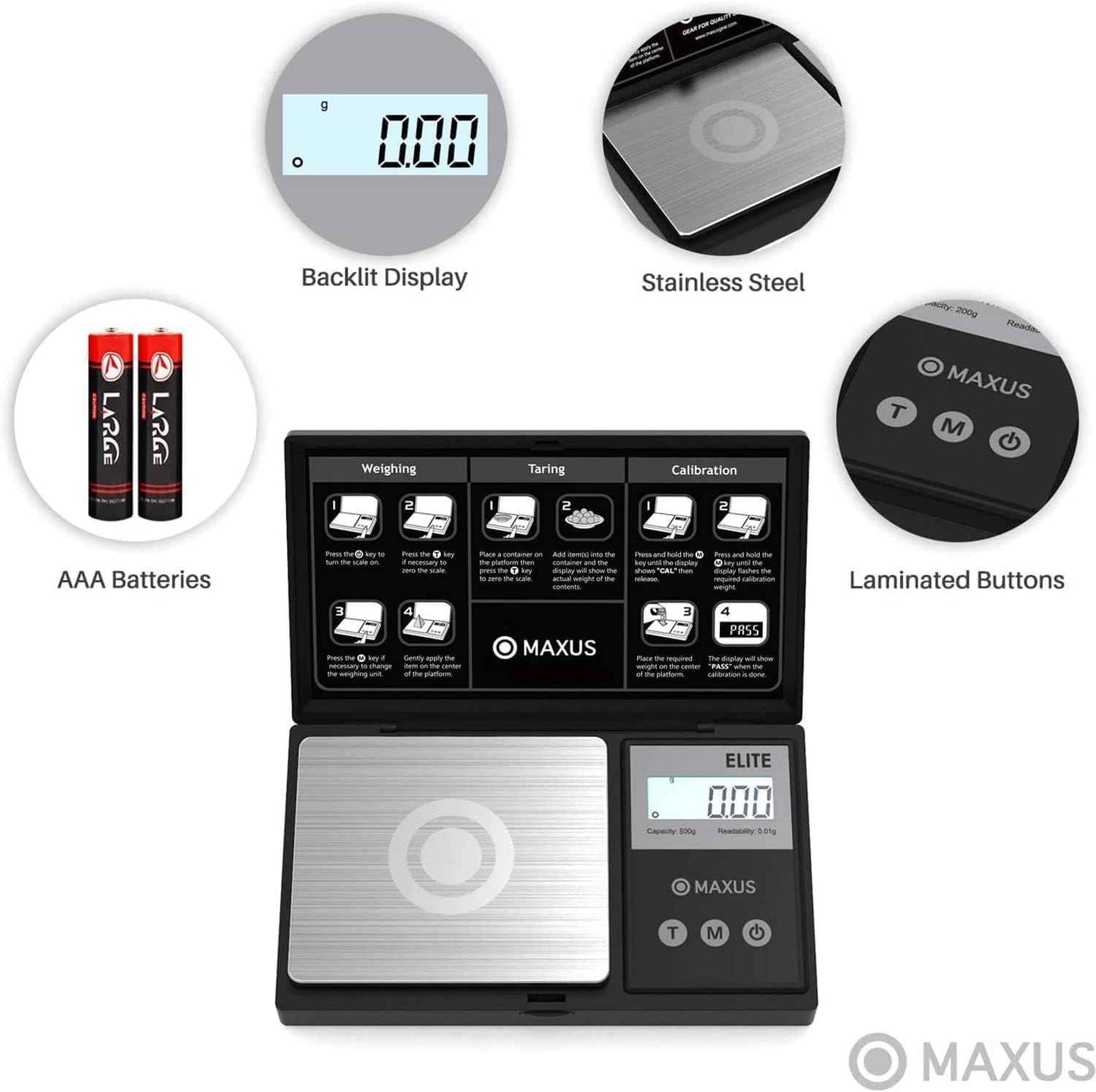 MAXUS Digital Pocket Gram Scale 500g x 0.01g High Precision with Tray, Weighs Small Food, Jewelry, Ounces, Grains, LCD Display, Tare Function