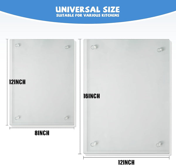 Tempered glass cutting board for kitchen use, 2 pieces, 12x16 and 12x8 inches, clear, heat resistant, non-slip feet