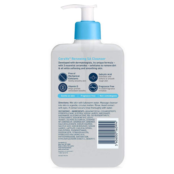 ceraVe Renewing Salicylic Acid Cleanser, 16 Ounce, Hyaluronic Acid, Niacinamide, Ceramides, Exfoliating Face Wash