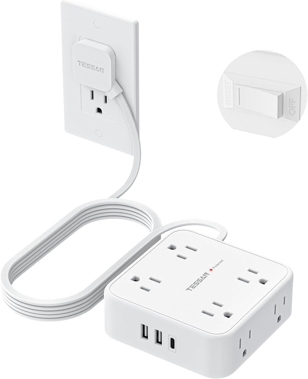 TESSAN 5 Ft flat plug extension cord with 3 USB, 8 outlets, 900J surge protection for office, dorm room essentials