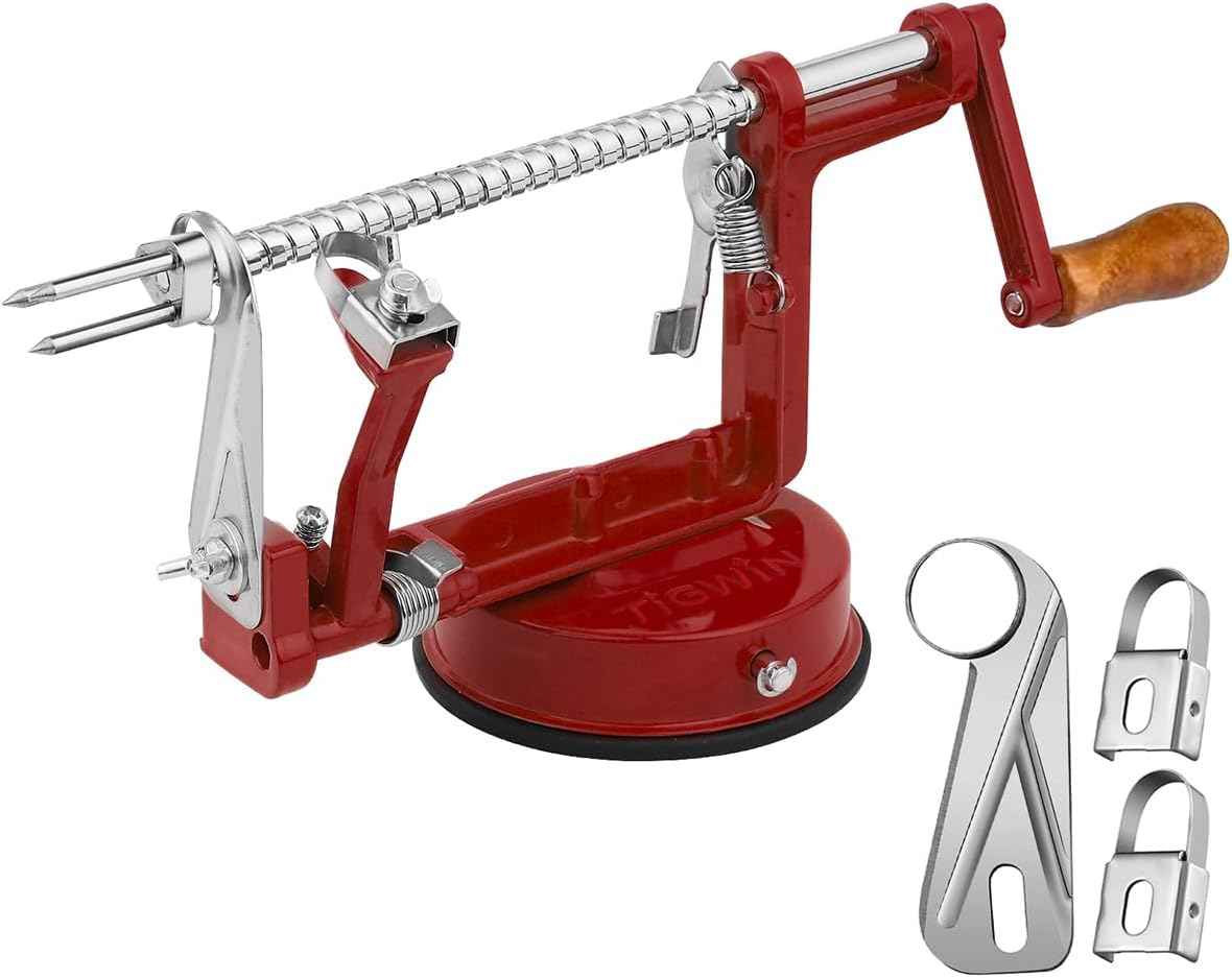 Apple Peeler Corer, Long lasting Chrome Cast Magnesium Alloy Apple Peeler Slicer Corer with Stainless Steel Blades and Powerful Suction Base for Apples and Potato(Red)