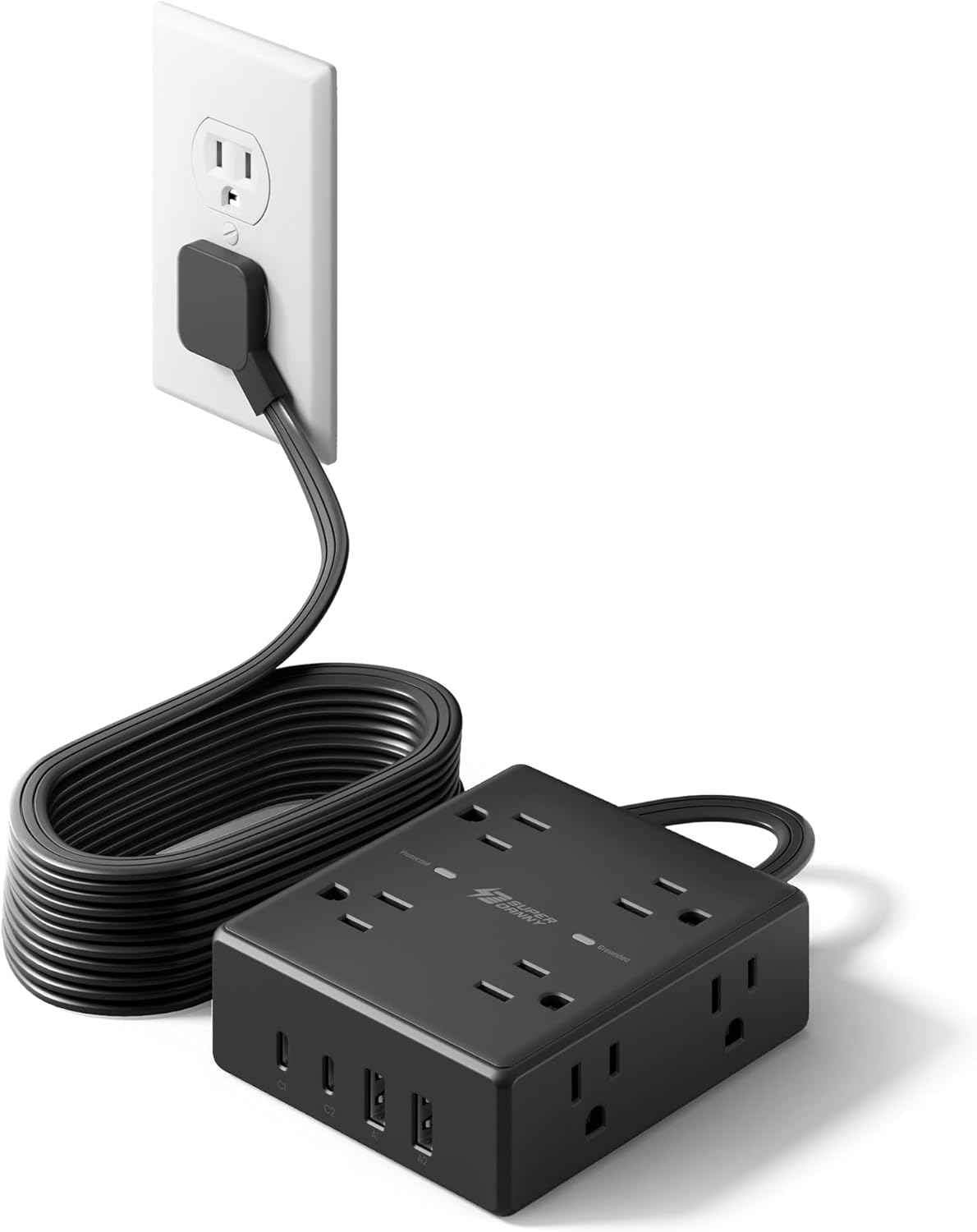 10Ft Extension Cord with Multiple Outlets, Flat Plug Surge Protector Power Strip 10 Ft Long Cord, 8 Outlets & 4 USB Ports (2 USB C), Desk Charging Station for Home Office, College Dorm Room Essentials