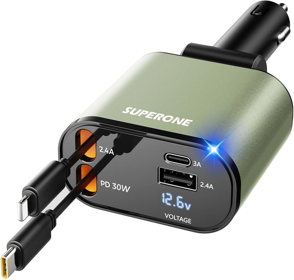 【Upgraded】 SUPERONE Retractable Car Charger 4 in 1, Fast Car Phone Charger with Cord 2.6ft, USB C and Apple Car Adapter, Compatible with iPhone 17 16 15/15 Pro Max/14/13/12/11, Galaxy, Pixel - Rayz Mart