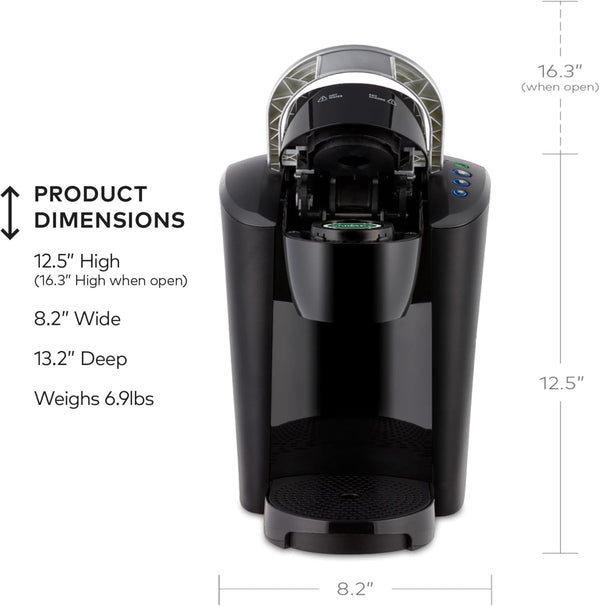 Compact single-serve K-Cup pod coffee maker with 3 brew sizes and smart start feature
