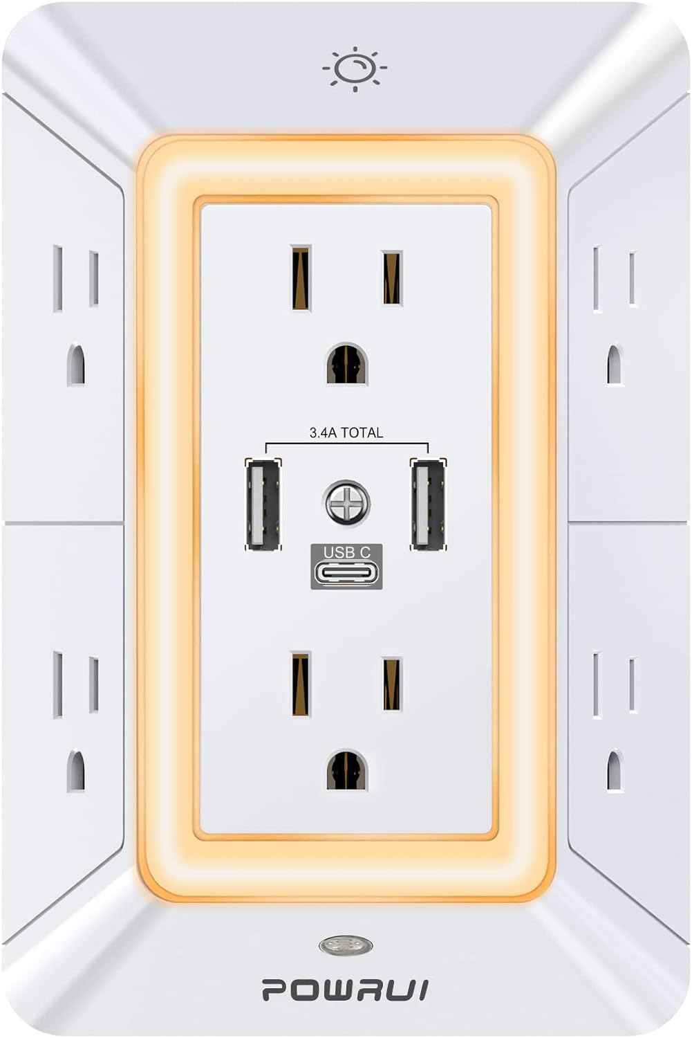 POWRUI Multi Plug 6 Outlet Surge Protector Extender with 3 USB Ports (1 USB C) and Night Light, 3-Sided Power Strip with Adapter Spaced Outlets, ETL Listed, White