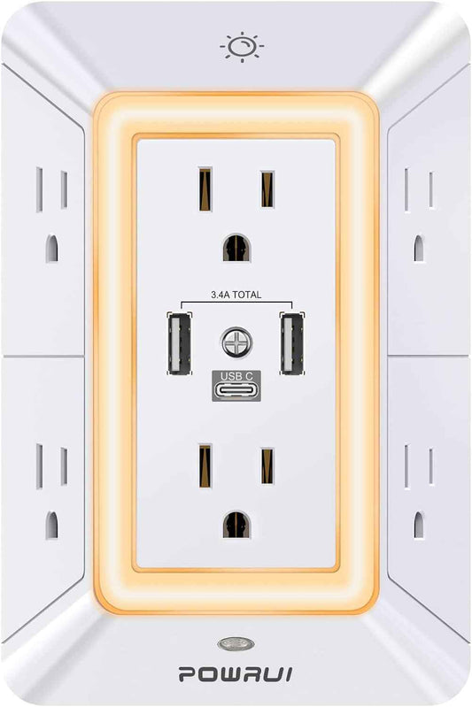 POWRUI Multi Plug 6 Outlet Surge Protector Extender with 3 USB Ports (1 USB C) and Night Light, 3-Sided Power Strip with Adapter Spaced Outlets, ETL Listed, White