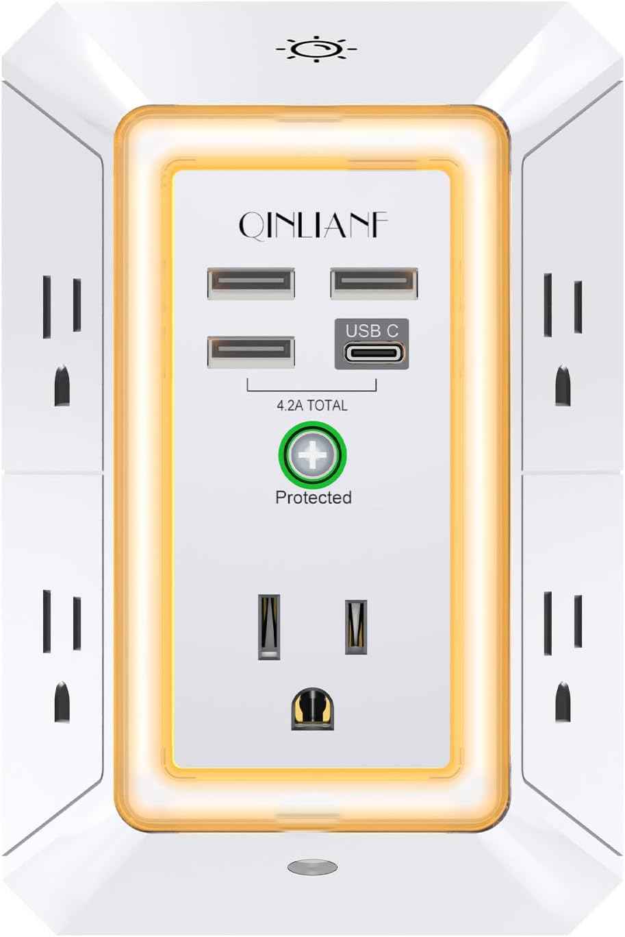 Wall Charger, Surge Protector, QINLIANF 5 Outlet Extender with 4 USB Charging Ports (4.8A Total) 3-Sided 1680J Power Strip Multi Plug Adapter Spaced for Home Travel Office (3U1C)