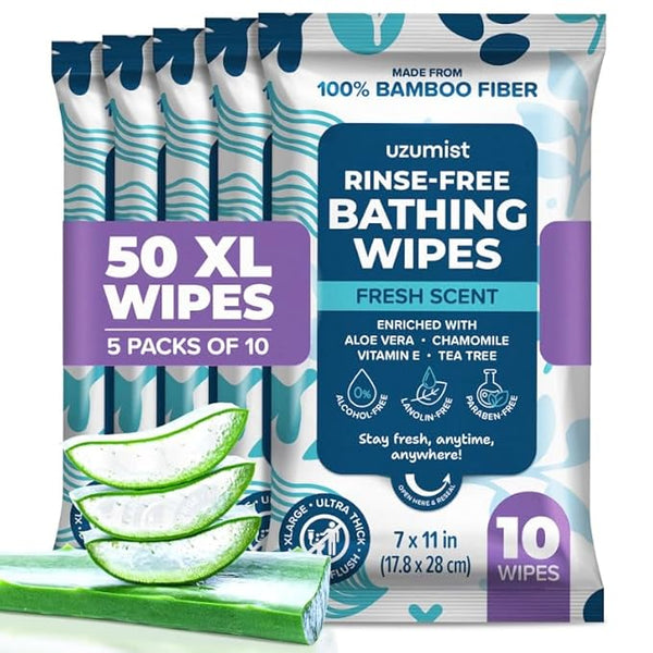 Body Wipes for Adults, No Rinse, 50pc XL, Ultra Thick Shower Travel Wipes for Personal Cleansing & Hygiene Essentials