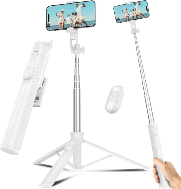 Selfie Stick Travel Tripod for Cell Phone with Remote Control and Phone Holder, Extendable Selfie Stick for iPhone, iPhone Tripod for Video Recording, 50 Inch, Black