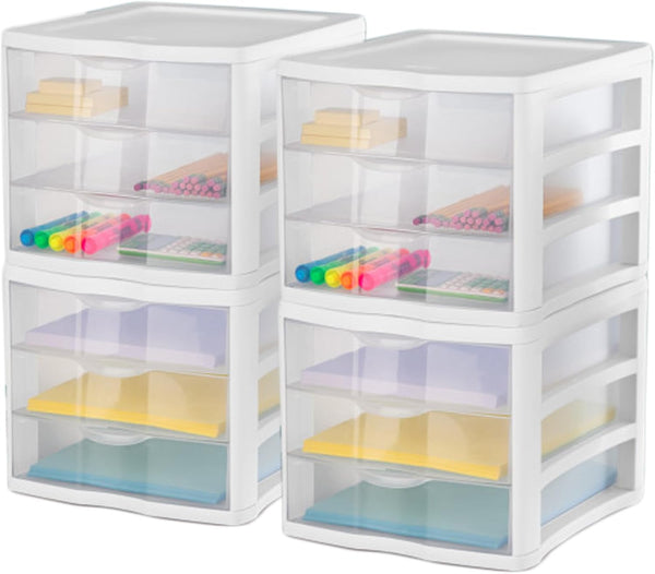 Sterilite 4-Pack 3 Drawer Unit Stackable Plastic Organizer for Home Office Storage