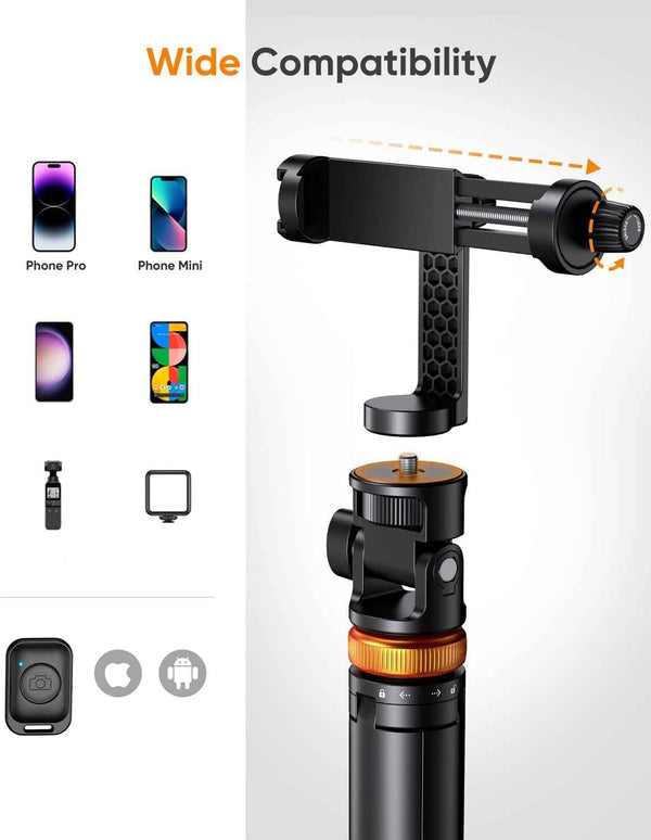 EUCOS 62" Phone Tripod, Tripod for iPhone & Selfie Stick with Remote, Extendable Cell Phone Stand & Ultimate Phone Holder, Solidest Phone Stand Compatible with iPhone/Android