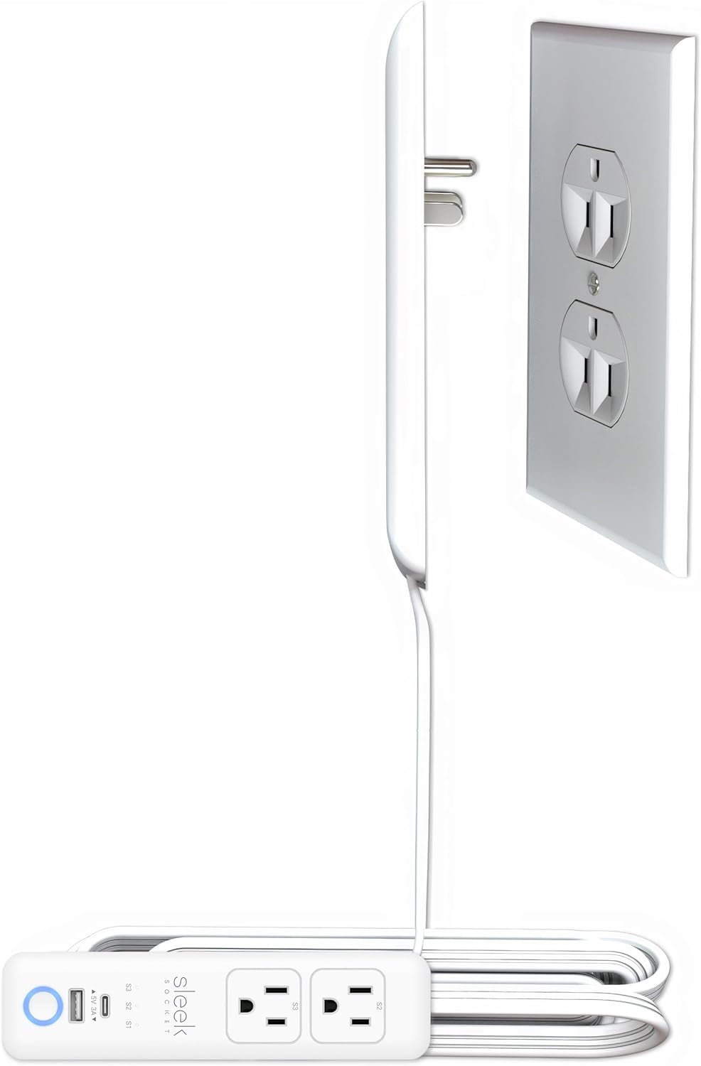 Sleek Socket Original & Patented Flat Ultra-Thin Outlet Concealer with Extension Cord Kit, Multi Outlets Power Strip, Ideal for Home Improvement, Hide Bulky and Messy Cords, 3ft