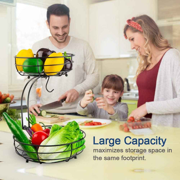 Auledio 2-Tier Countertop Fruit Vegetables Basket with Banana Hanger, Black, 64 oz