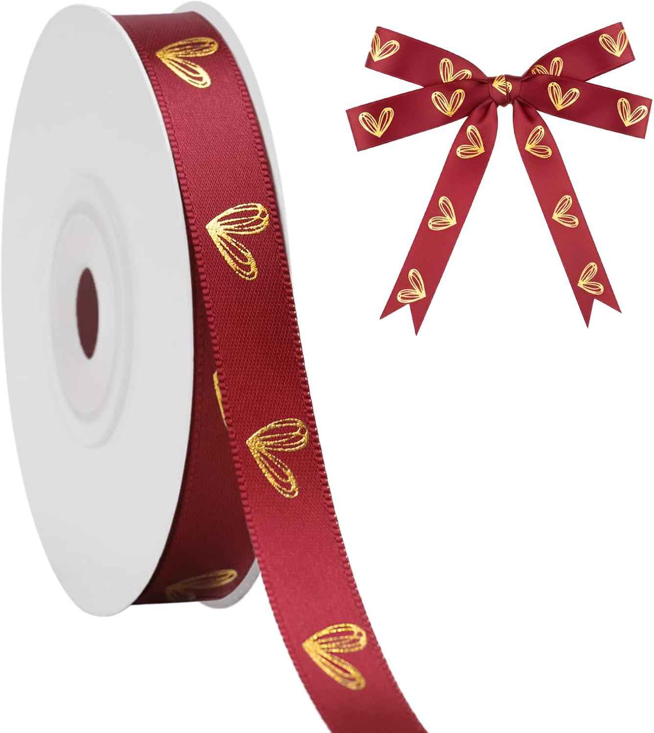 KINGLAKE Valentine's Day Ribbon Red - 1/2'' x 20 Yds Red Heart Satin Ribbon for Gift Wrapping Valentine Ribbons with Gold Heart for Crafts Flower Bouquet Party Home Decorations