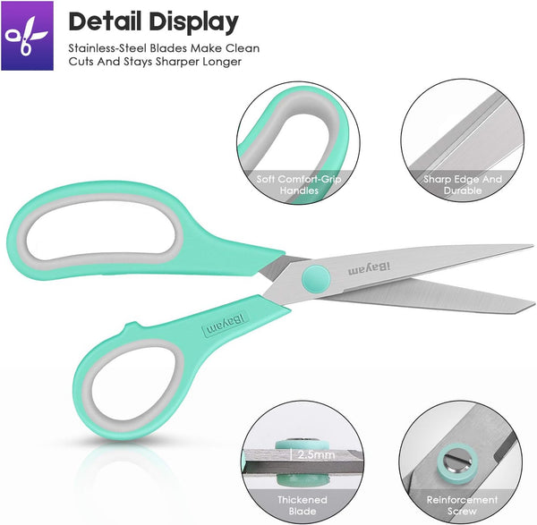 Scissors, iBayam 8" All Purpose Scissors Bulk 3-Pack, Ultra Sharp 2.5mm Thick Blade Shears Comfort-Grip for Office Desk Accessories Sewing Fabric Home Craft Teacher School Supplies, Right/Left Handed
