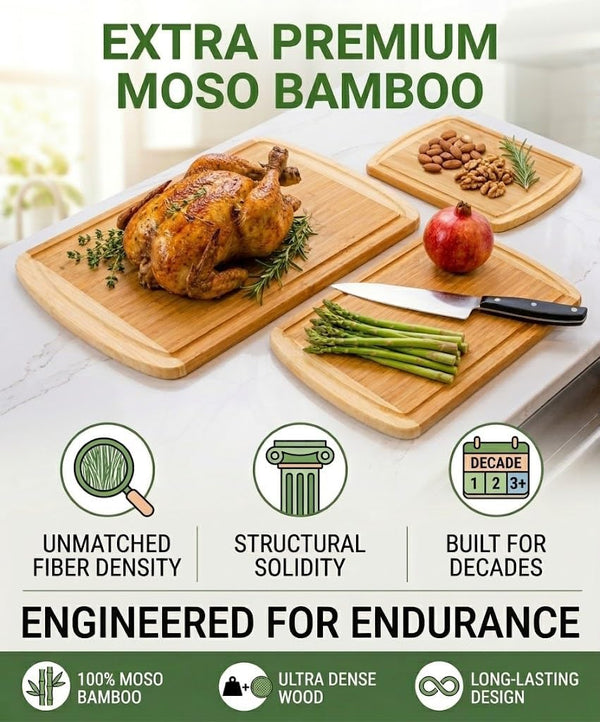 Luxury XL Bamboo Cutting Board Set of 3 with Vertical Grain Strength Technology