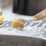 Bamboo Dish Scrubber Brush Set - 4 Pack with Built-in Scraper for Pots, Sinks
