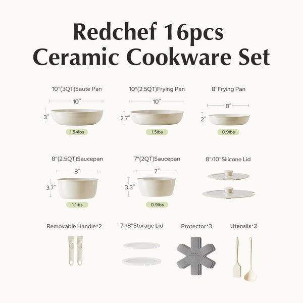Redchef 16-piece ceramic non-stick cookware set, PFAS PFOA & PTFE free, RV camping, dishwasher oven safe