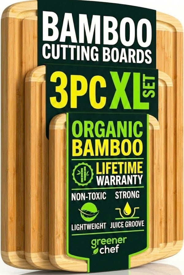 Luxury XL Bamboo Cutting Board Set of 3 with Vertical Grain Strength Technology