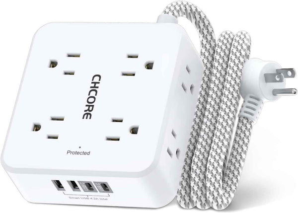 CHCORE 5Ft braided extension cord surge protector with 8 outlets and 4 usb charging ports, 2 usb c, flat plug, white