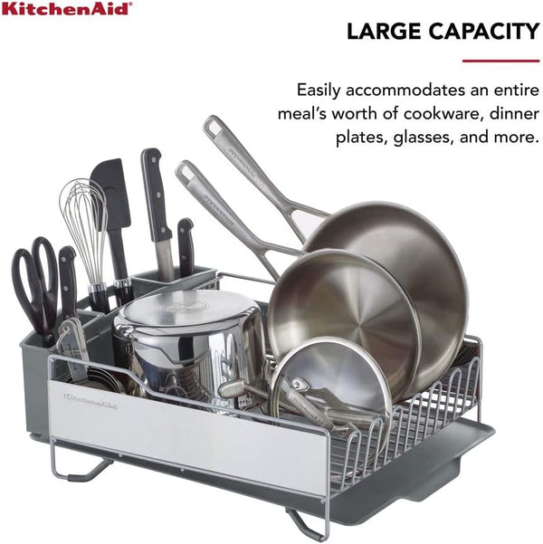 KitchenAid Large Capacity Full Size Dish Rack with Angled Drain Board and Removable Flatware Caddy