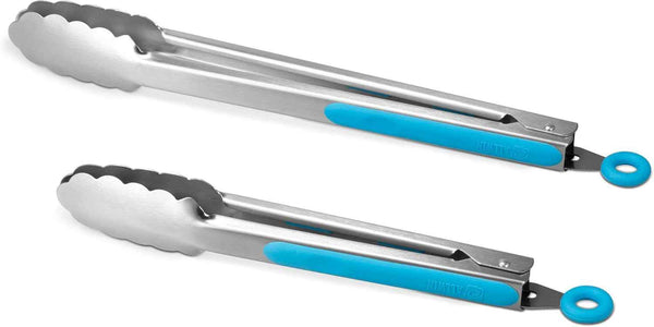 304 Stainless Steel Kitchen Cooking Tongs, 9" and 12" Set of 2 Sturdy Grilling Barbeque Brushed Locking Food Tongs with Ergonomic Grip, Black