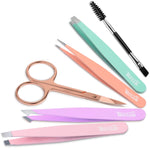 TsMADDTs 6 PCS Stainless Steel Tweezers Set for Women with Curved Scissor and Leather Travel Case