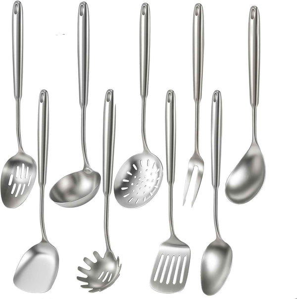 Newness 16 Pcs Cooking Utensils Set, 304 Stainless Steel Kitchen Utensils Set, Metal Kitchen Accessories, Include Soup Ladle, Slotted Skimmer Spoon, Spaghetti Spoon and Spatula, Dishwasher Safe