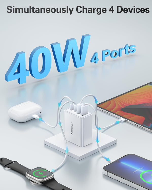 USB C Charger Block, 2-Pack 40W 4-Port Type C Fast Charging Block