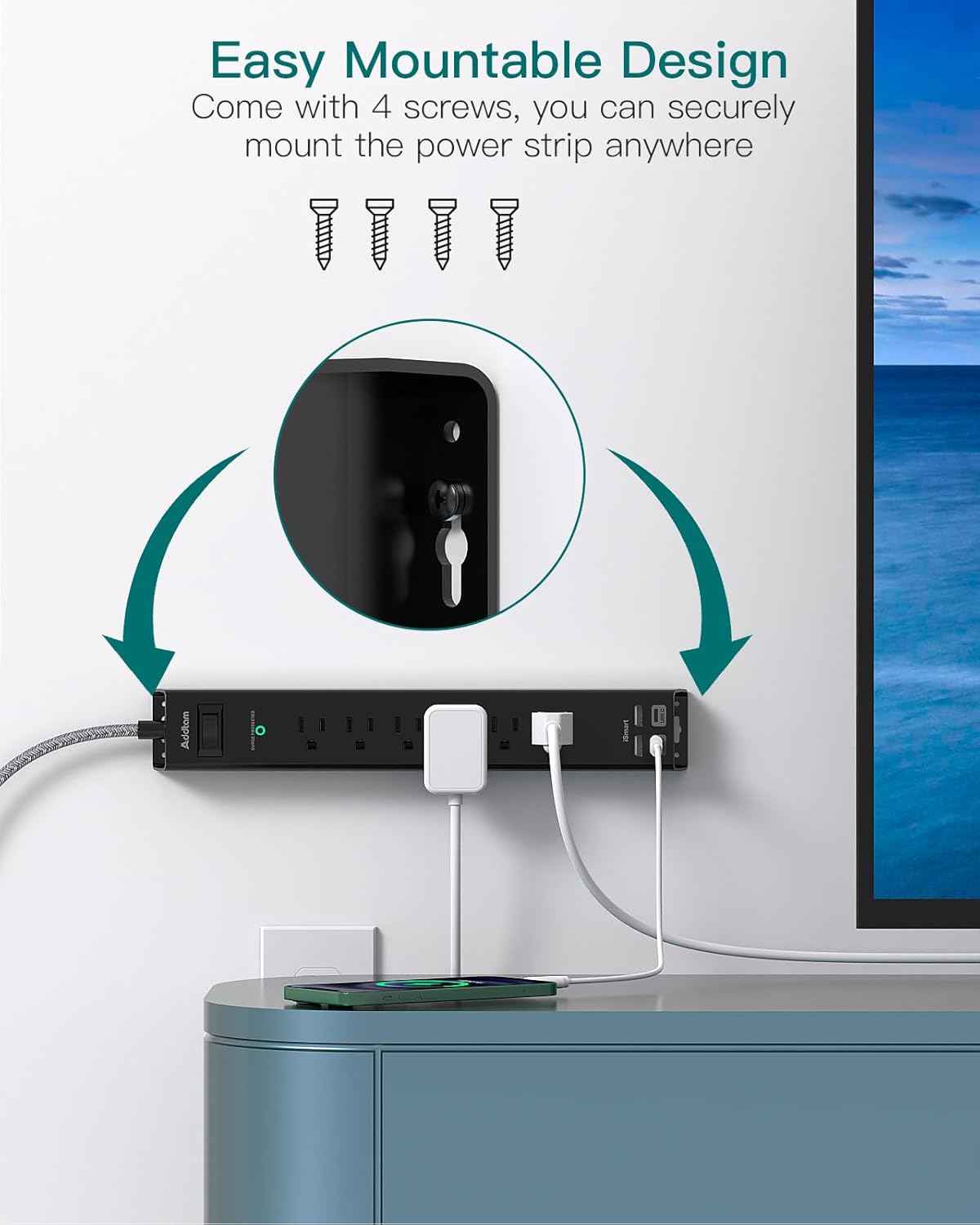 Surge Protector Power Strip - Extension Cord with Addtam 6 AC Outlets 4 USB (2 USB-C Ports), 1875W/15A, Flat Plug with Overload Surge Protection, Outlet Extender for Home Office Dorm Room Essentials