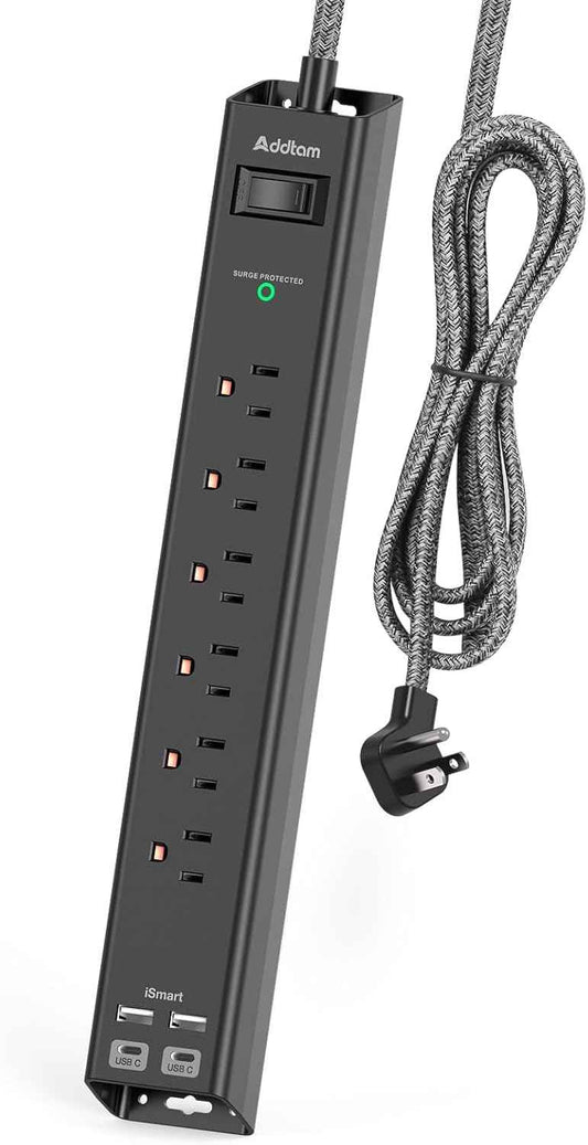 Surge Protector Power Strip - Extension Cord with Addtam 6 AC Outlets 4 USB (2 USB-C Ports), 1875W/15A, Flat Plug with Overload Surge Protection, Outlet Extender for Home Office Dorm Room Essentials