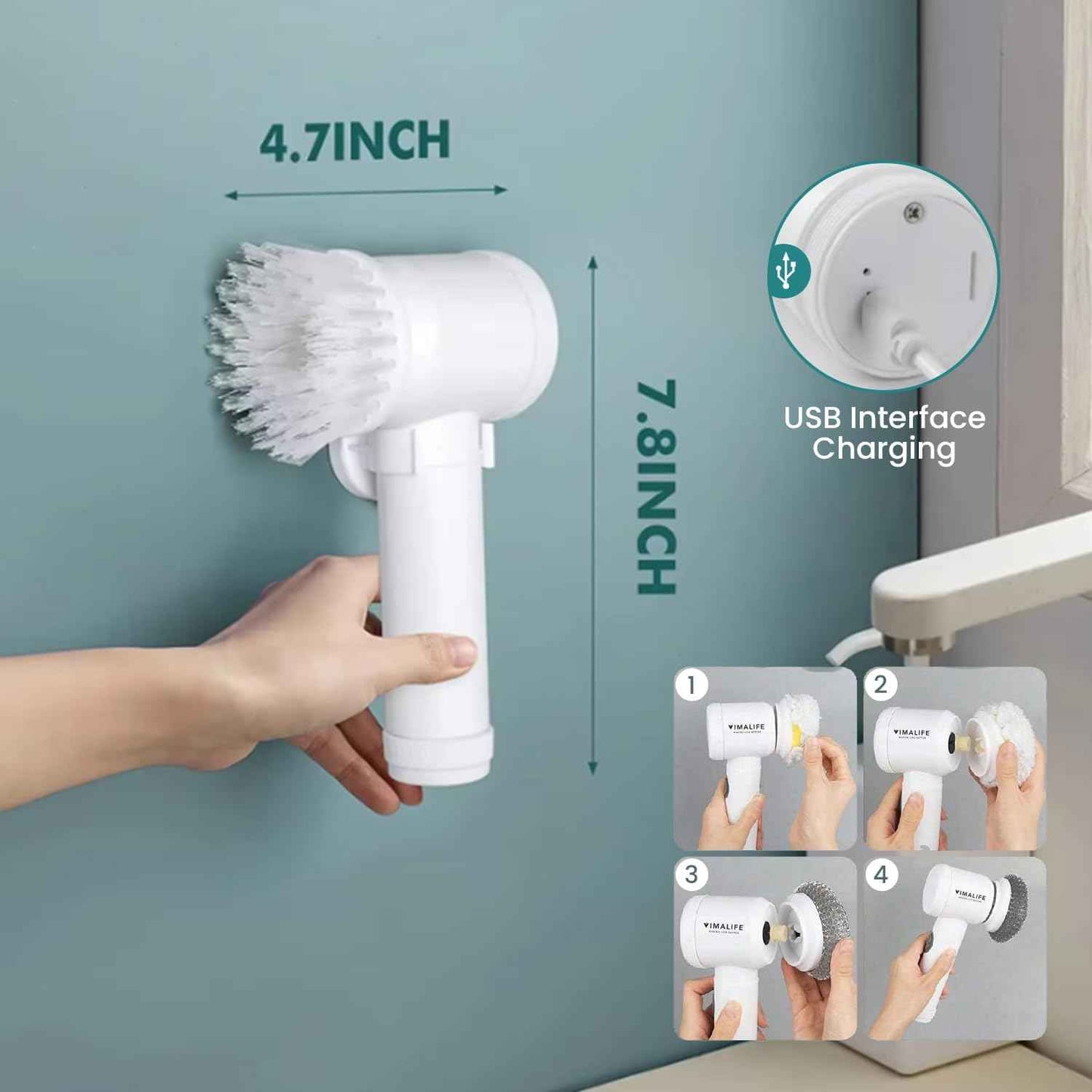 VIMALIFE Electric Spin Scrubber, Cordless Bathroom Cleaning Brush IPX6 Waterproof with 5 Replaceable Heads, Power Scrubber for Bathtub, Tiles, Car Wash, Kitchen & Multi-Surface Home Cleaning