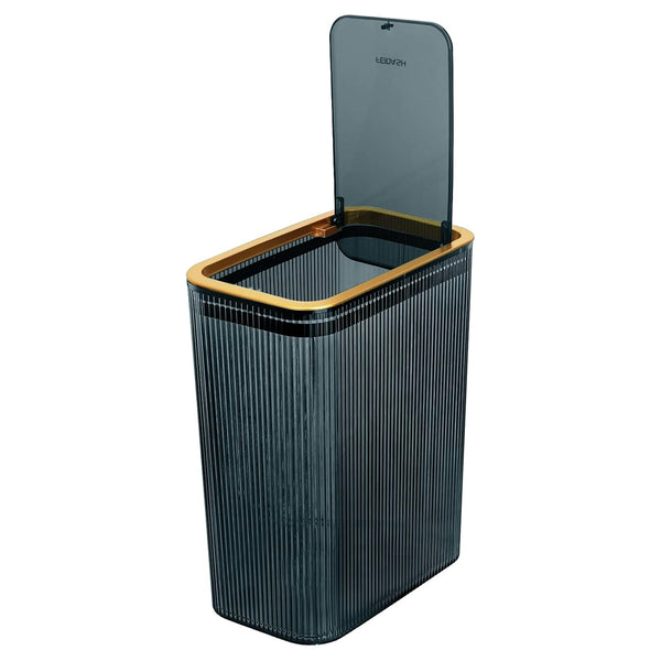 Transparent plastic trash can with 2.6 gallon capacity and press-top lid