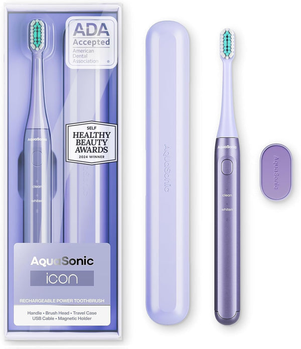 Aquasonic Icon ADA-Accepted Rechargeable Toothbrush with Magnetic Holder & Slim Travel Case | 2 Modes & Smart Timers | Gentle Micro-Vibrations
